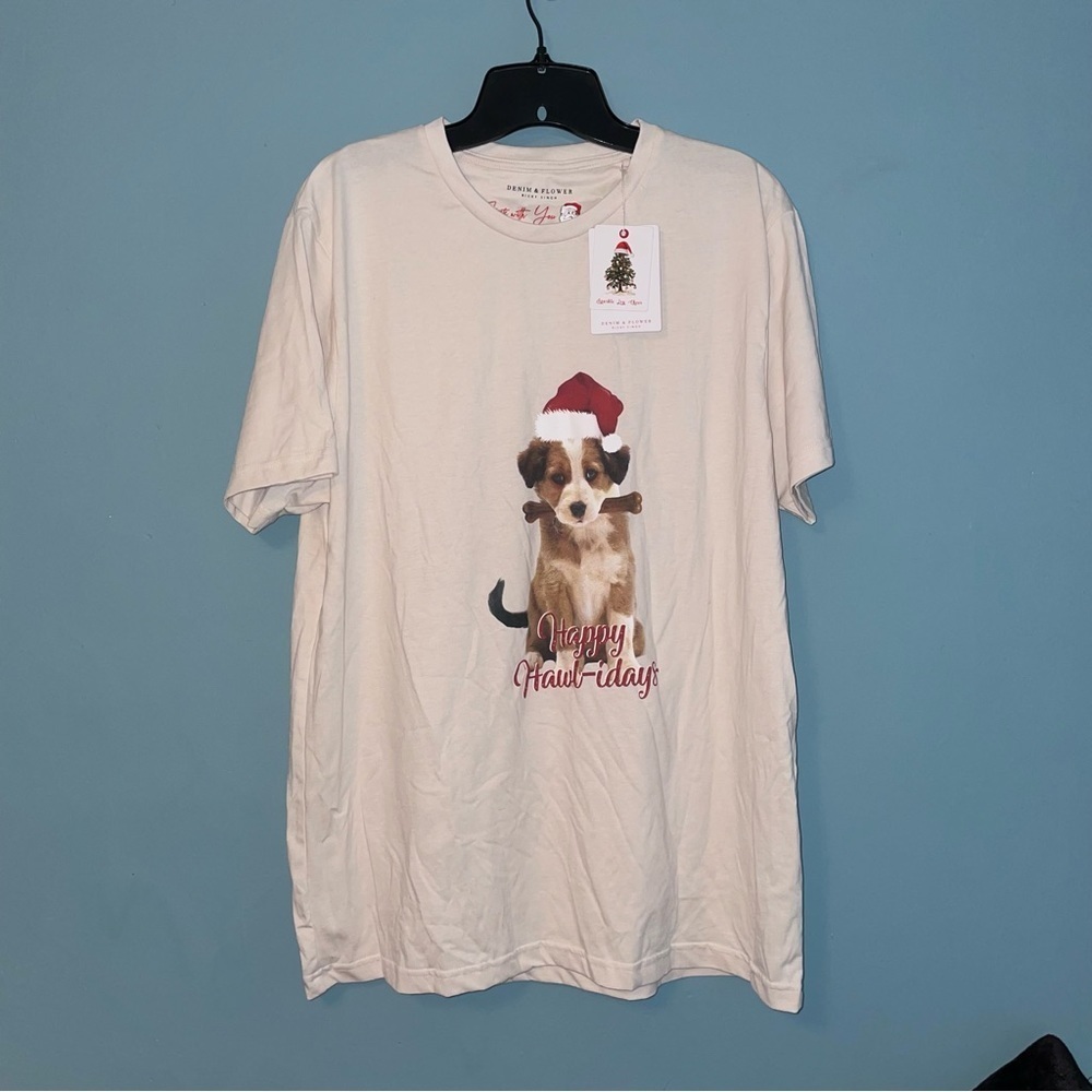 Denim & Flower Christmas Dog Graphic T-Shirt Size Large